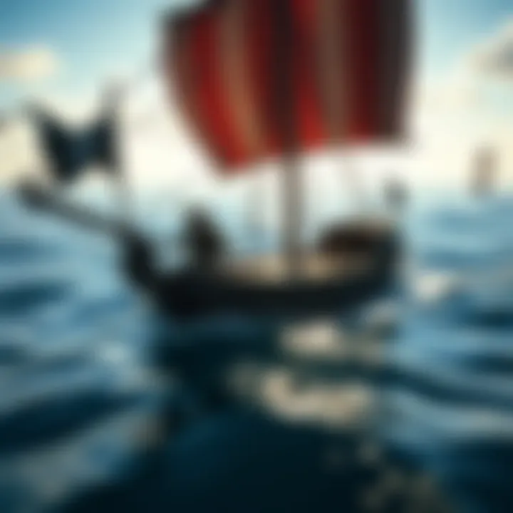 A pirate ship sailing through treacherous waters in pursuit of Athena-related quests