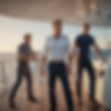A vibrant scene of crew members engaged in teamwork on a yacht, showcasing camaraderie and professionalism.