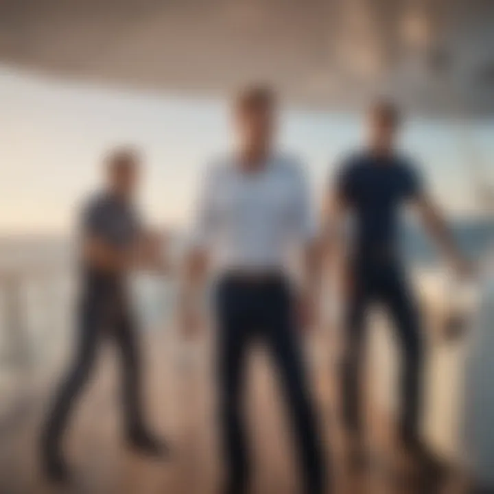 A vibrant scene of crew members engaged in teamwork on a yacht, showcasing camaraderie and professionalism.