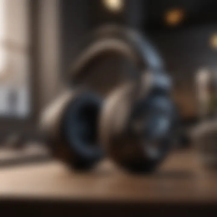 Elegant wireless gaming headphones displayed on a sleek gaming desk.