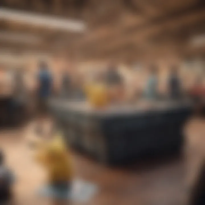 Illustration depicting a bustling Pokemon TCG card auction scene