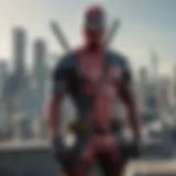 Deadpool in a dynamic pose with city skyline