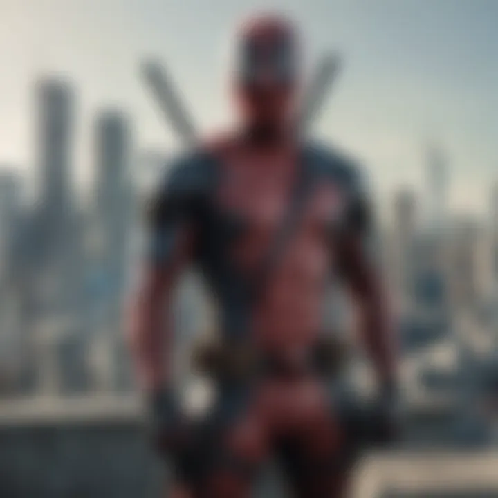 Deadpool in a dynamic pose with city skyline