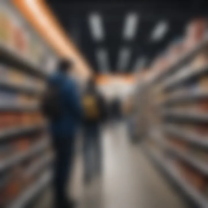 Diverse group of gamers shopping for Valorant gift cards at Walmart