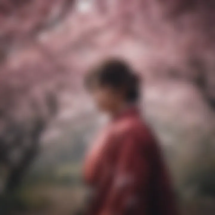 Enigmatic figure amidst swirling cherry blossoms