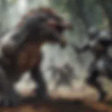 Epic battle scene between legendary creatures