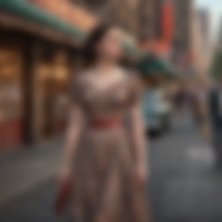 Elegant woman in vintage dress on bustling New York street