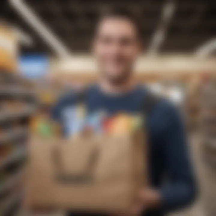 Excited gamer holding a Walmart bag with Valorant gift cards