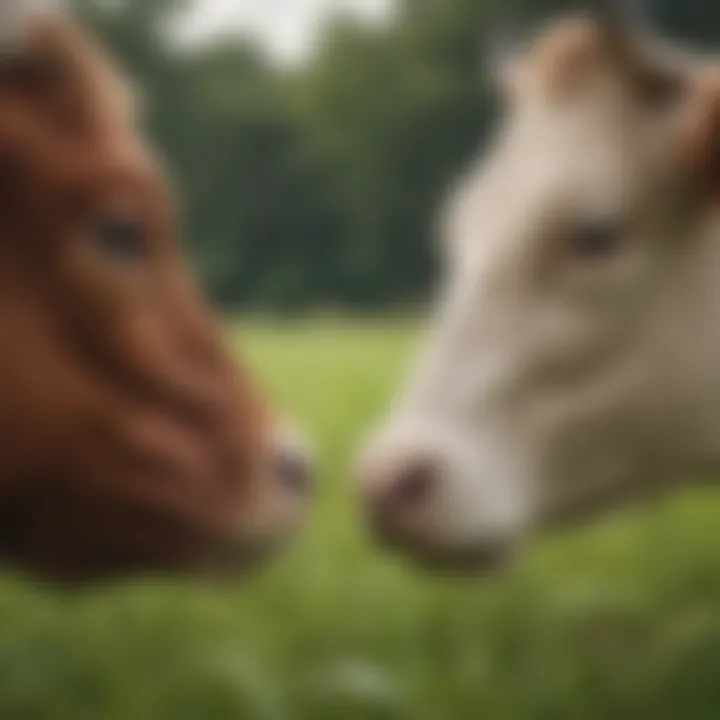 A close-up view of a friendly cow interacting with an individual in a lush green field.