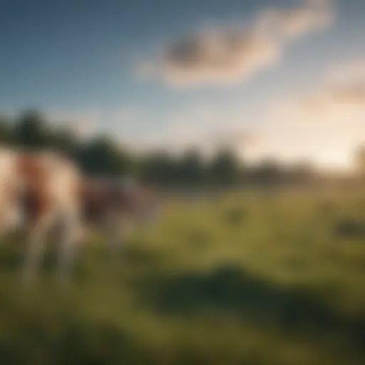 A serene pasture with cows grazing peacefully under a bright blue sky.