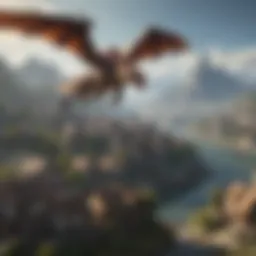 A richly illustrated fantasy landscape depicting a dragon soaring over a medieval village.