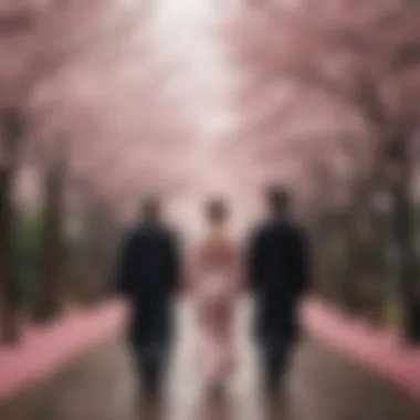 Lovers strolling through cherry blossom trees in Kyoto