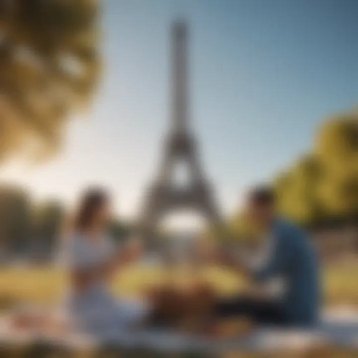 Couple picnicking under Eiffel Tower in Paris