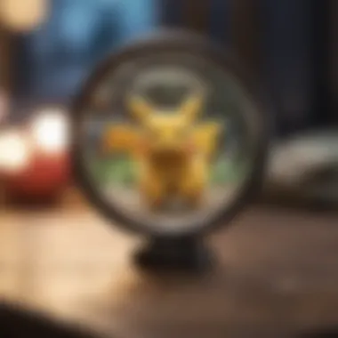 A magnifying glass focusing on a rare shiny Pokemon card.