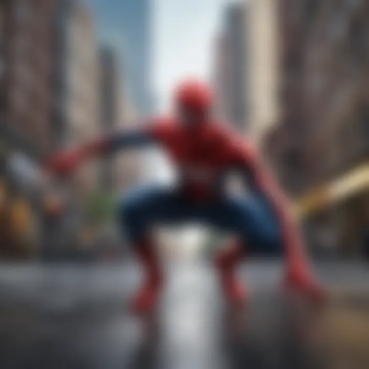 Urban skyline showcasing Spider-Man in action