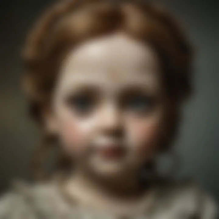 Creepy antique doll with cracked porcelain face and piercing glass eyes in a dimly lit room