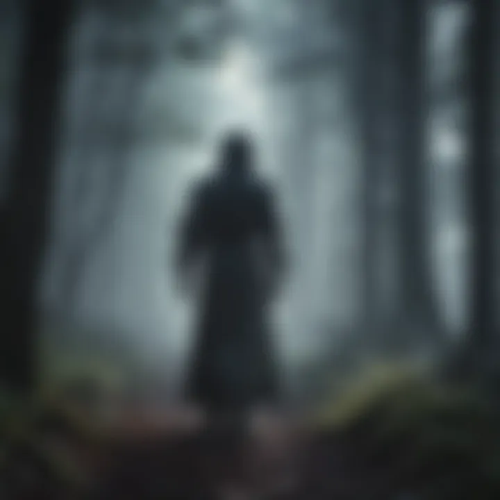 Ethereal mist enveloping a shadowy figure in a dimly lit forest