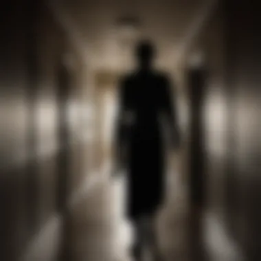 Mysterious silhouette standing at the end of a long, dimly lit hallway with flickering lights