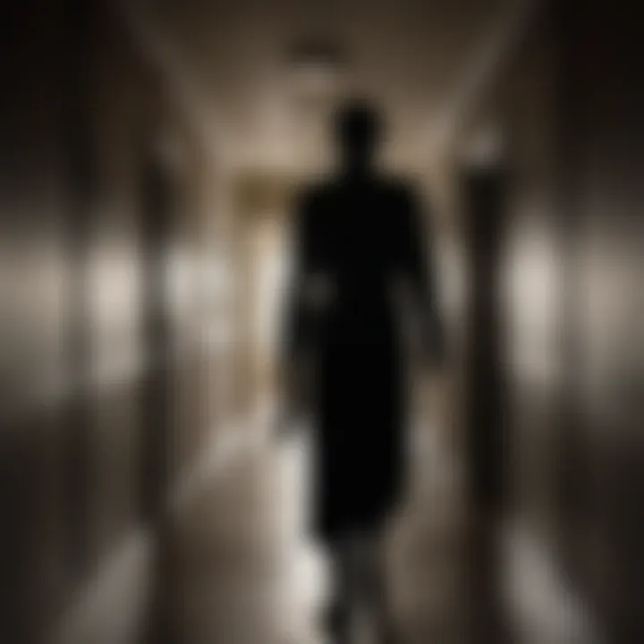 Mysterious silhouette standing at the end of a long, dimly lit hallway with flickering lights