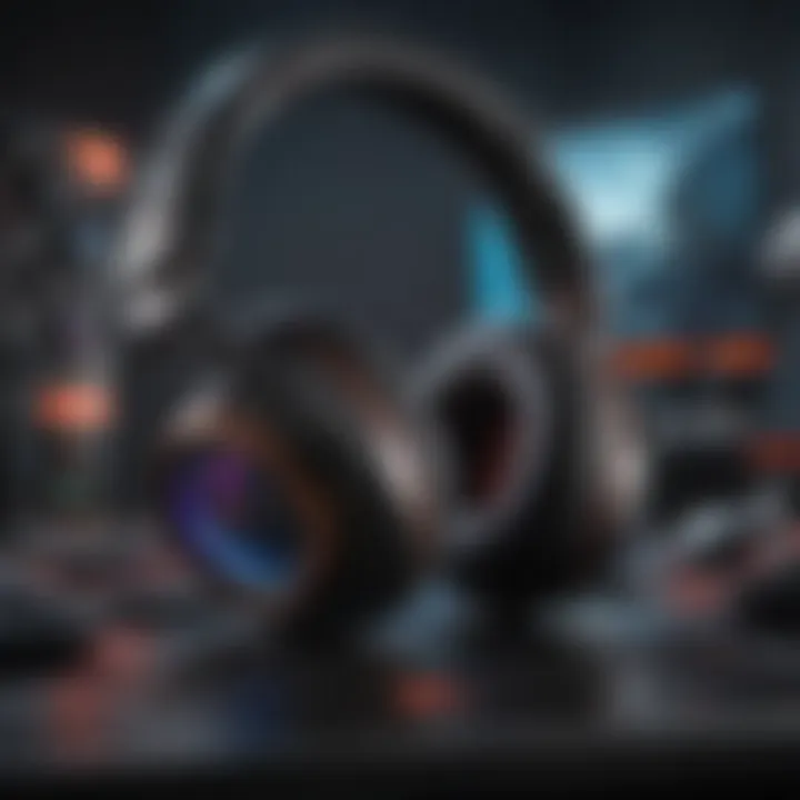 An ROG headset displayed alongside a variety of gaming peripherals, emphasizing compatibility and style.