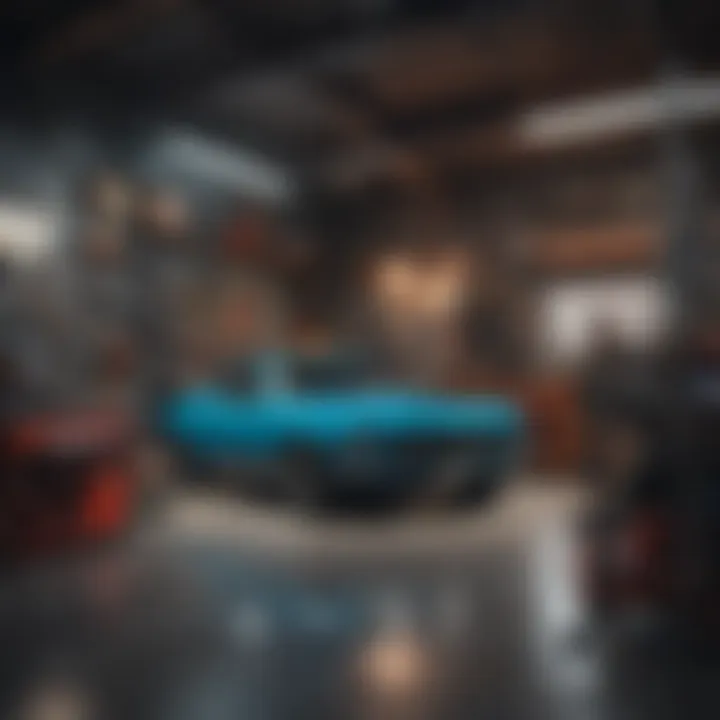 An intricately designed garage filled with tuning tools and racing memorabilia