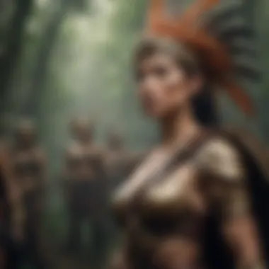 An artistic depiction of mythical Amazons in historical contexts, highlighting their strength and valor.