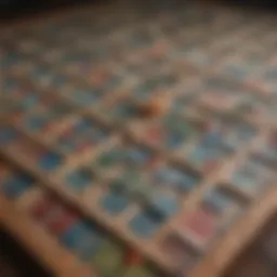 A vintage board of Scrabble showcasing colorful tiles