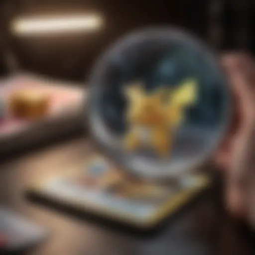 Illustration of a magnifying glass examining a holographic Pokémon card