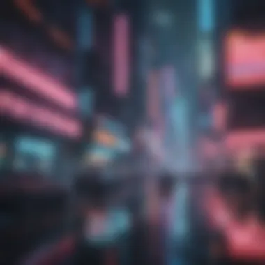 Futuristic cyberpunk cityscape in a gaming app