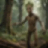 Groot depicted in a lush forest environment, showcasing his connection to nature.