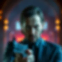 A striking portrayal of John Wick's character in the film.