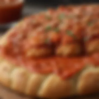 Close-up of a Little Caesars Crazy Bread with marinara sauce, highlighting its appeal.