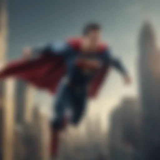 Superhero in red cape soaring through the city skyline