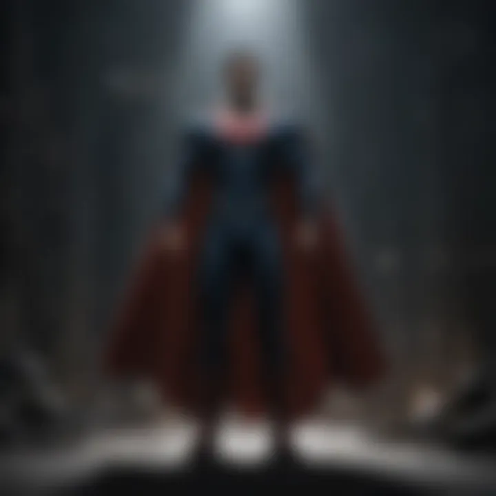 Dramatic silhouette of a superhero standing tall with a glowing emblem