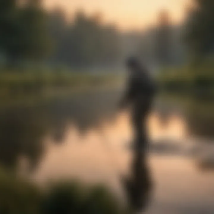 An angler skillfully casting a line into a calm water body at dusk.
