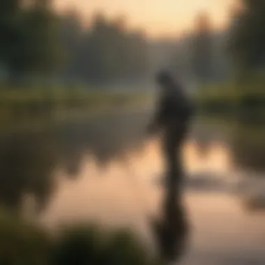 Angler in Action An angler skillfully casting a line into a calm water body at dusk.