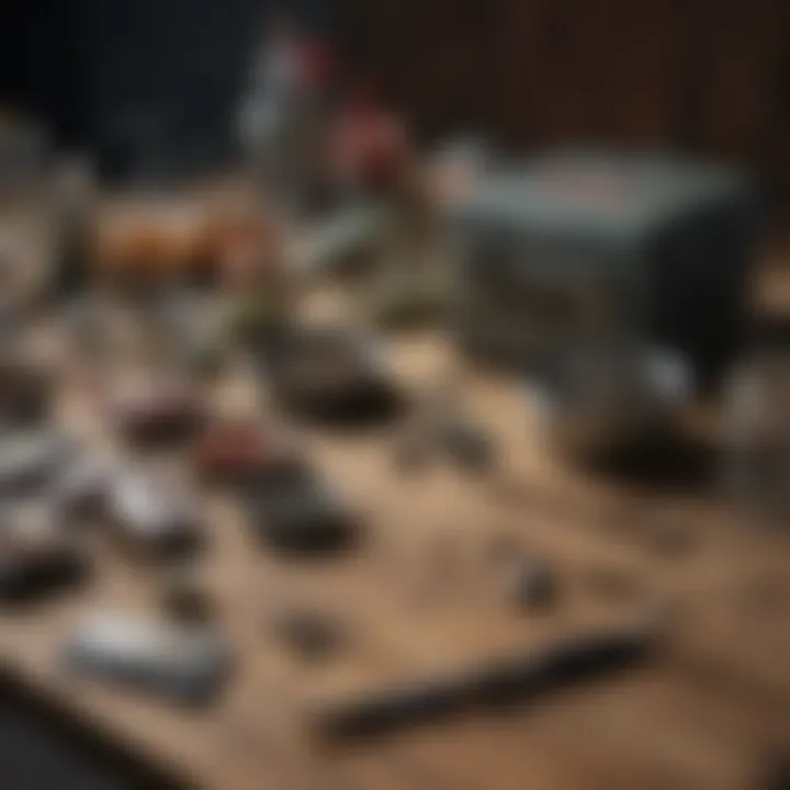 An array of fishing tackle and baits ideal for catfishing displayed on a rustic table.