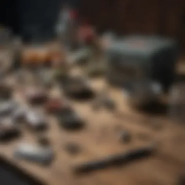 Essential Catfishing Gear An array of fishing tackle and baits ideal for catfishing displayed on a rustic table.