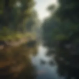 A serene river landscape showcasing prime catfish habitat with lush vegetation.