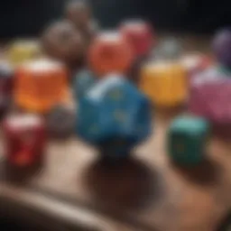 A vibrant MTG card surrounded by D&D dice