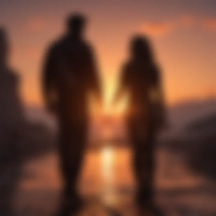 Silhouette of a couple walking into the sunset