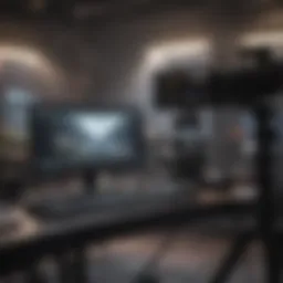 A sleek broadcasting setup featuring advanced equipment and software.