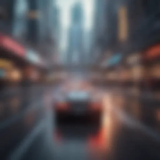 Racing through futuristic cityscape