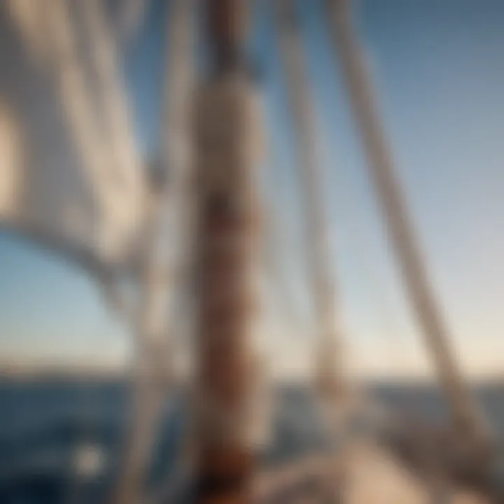 Close-up of intricate sail rigging on a modern sailing yacht