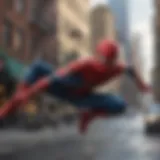 Tobey Maguire as Spider-Man swinging through the city