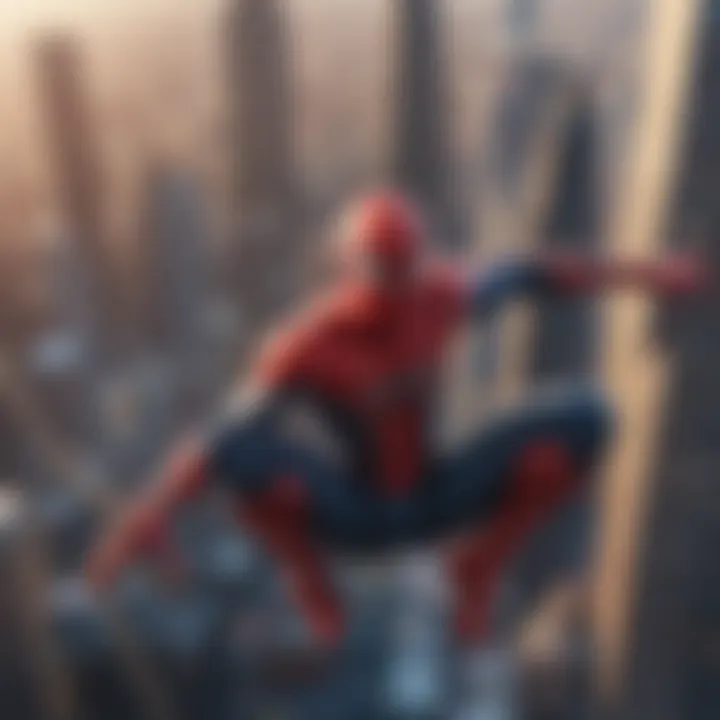 Spiderman swinging through the city skyline with agility