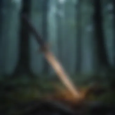 A mystical sword glowing in the dark forest