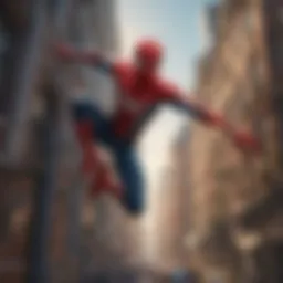A vibrant scene depicting Spidey swinging through a European cityscape.