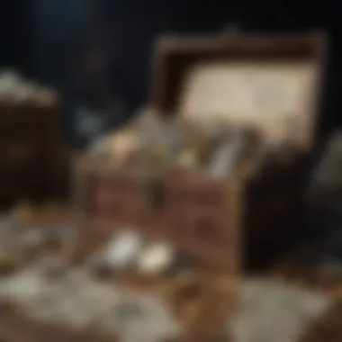 A treasure chest overflowing with various types of currency and jewels