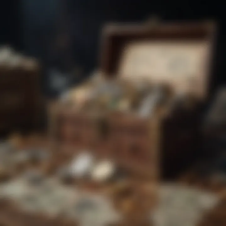 A treasure chest overflowing with various types of currency and jewels